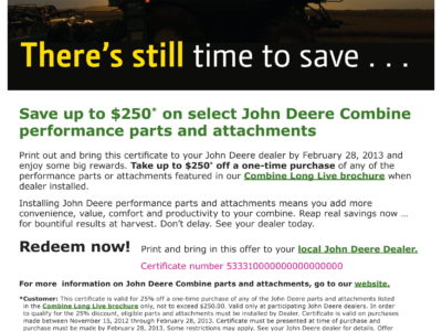 John Deere email-- Combine parts offer